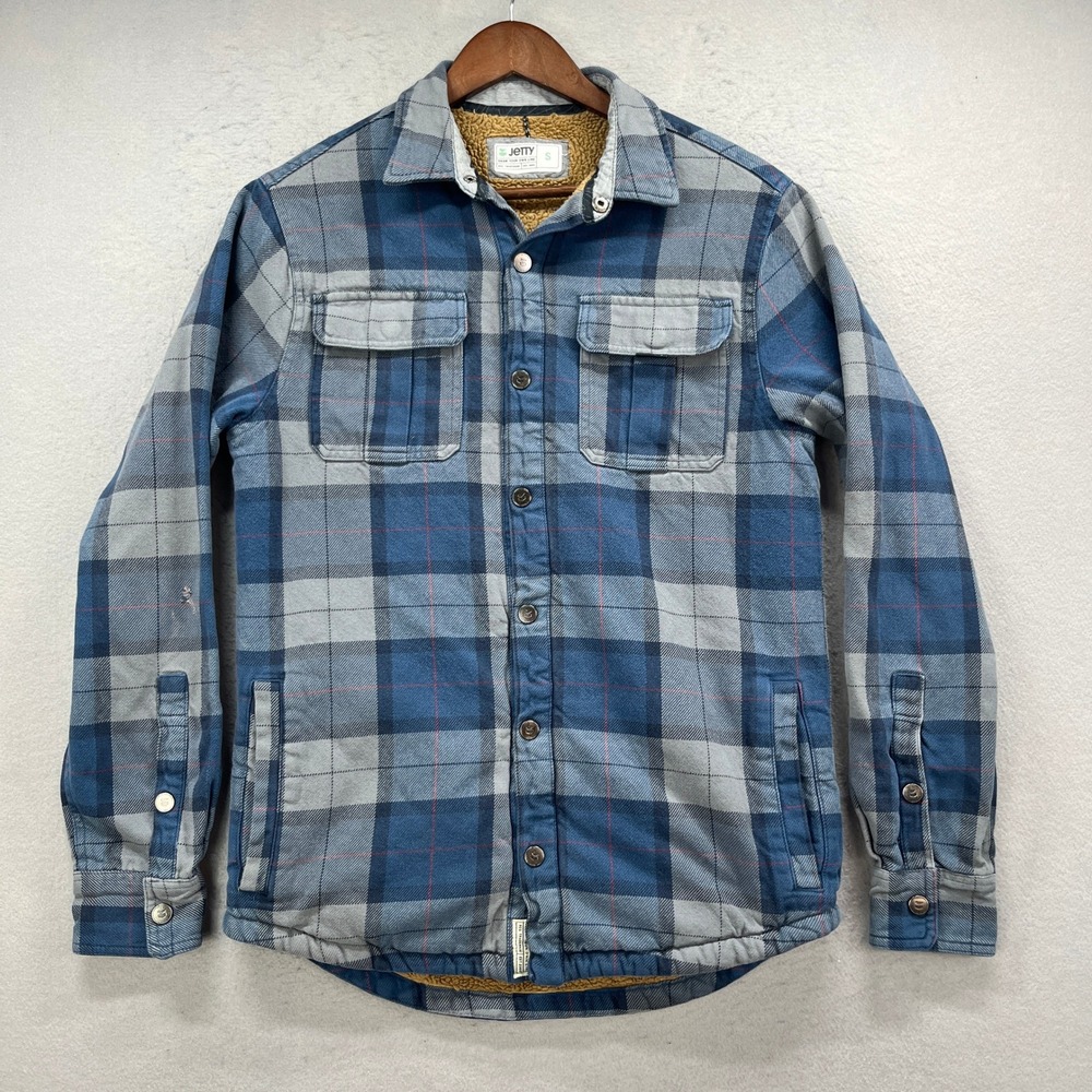 Jetty Flannel Jacket Mens Small Blue Grey Sherpa Lined Plaid Heavy Warm Shacket